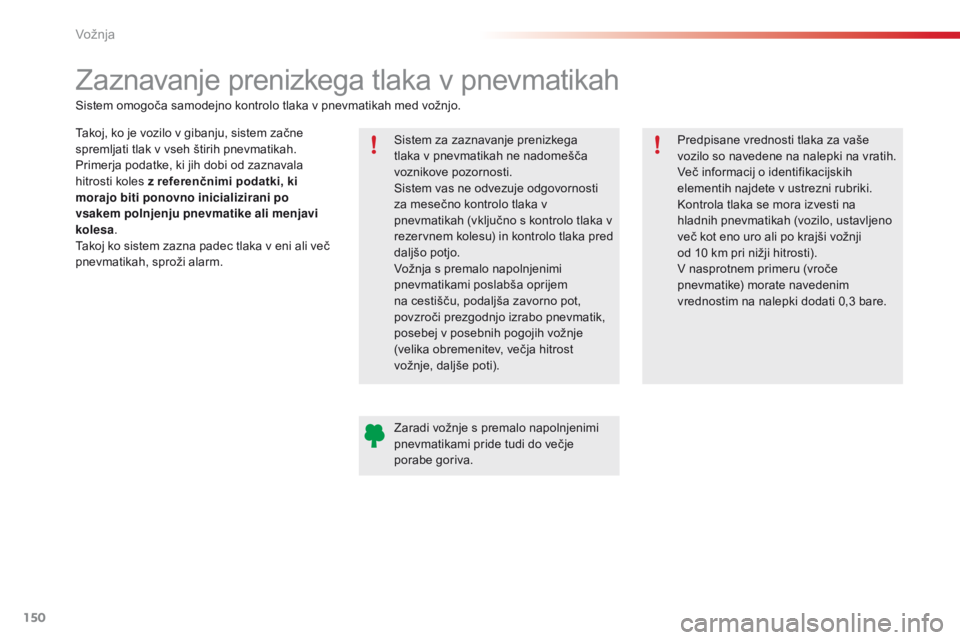 CITROEN C4 CACTUS 2018  Navodila Za Uporabo (in Slovenian) 150
C4-cactus_sl_Chap06_conduite_ed01-2016
Zaznavanje prenizkega tlaka v pnevmatikah
Takoj, ko je vozilo v gibanju, sistem začne 
spremljati tlak v vseh štirih pnevmatikah.
Primerja podatke, ki jih 