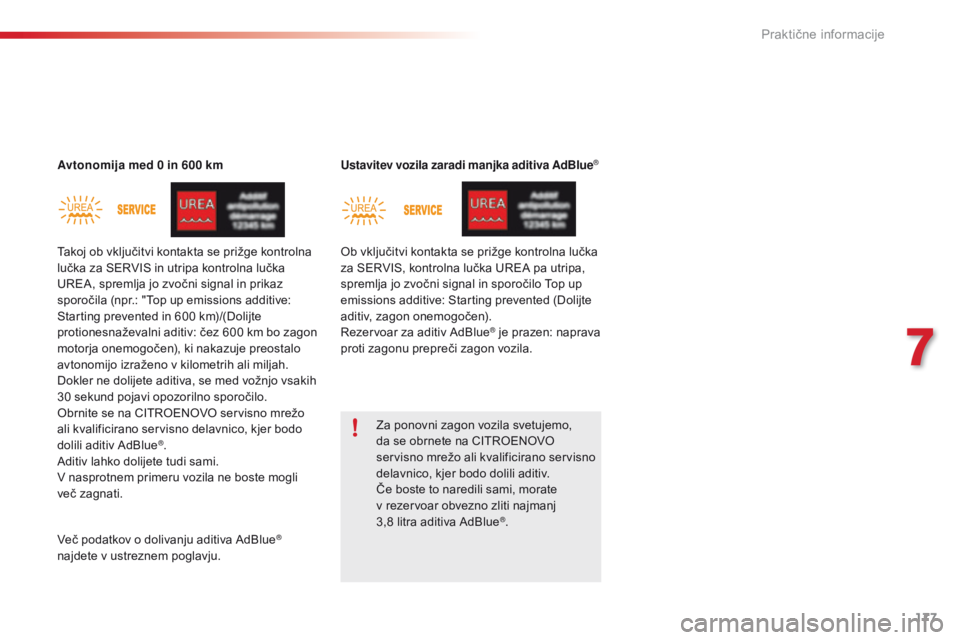 CITROEN C4 CACTUS 2018 Navodila Za Uporabo (in Slovenian) 177
C4-cactus_sl_Chap07_info-pratiques_ed01-2016
Avtonomija med 0 in 600 kmUstavitev vozila zaradi manjka aditiva AdBlue®
Za ponovni zagon vozila svetujemo,
da se obrnete na CITROENOVO
servisno mre CITROEN C4 CACTUS 2018 Navodila Za Uporabo (in Slovenian) 177
C4-cactus_sl_Chap07_info-pratiques_ed01-2016
Avtonomija med 0 in 600 kmUstavitev vozila zaradi manjka aditiva AdBlue®
Za ponovni zagon vozila svetujemo,
da se obrnete na CITROENOVO
servisno mre