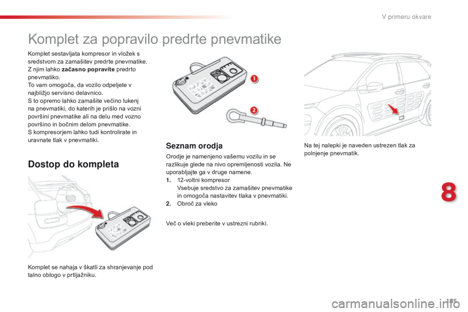 CITROEN C4 CACTUS 2018  Navodila Za Uporabo (in Slovenian) 185
C4-cactus_sl_Chap08_En-cas-de-panne_ed01-2016
Na tej nalepki je naveden ustrezen tlak za 
polnjenje pnevmatik.
Komplet se nahaja v škatli za shranjevanje pod 
talno oblogo v prtljažniku. Komplet CITROEN C4 CACTUS 2018  Navodila Za Uporabo (in Slovenian) 185
C4-cactus_sl_Chap08_En-cas-de-panne_ed01-2016
Na tej nalepki je naveden ustrezen tlak za 
polnjenje pnevmatik.
Komplet se nahaja v škatli za shranjevanje pod 
talno oblogo v prtljažniku. Komplet