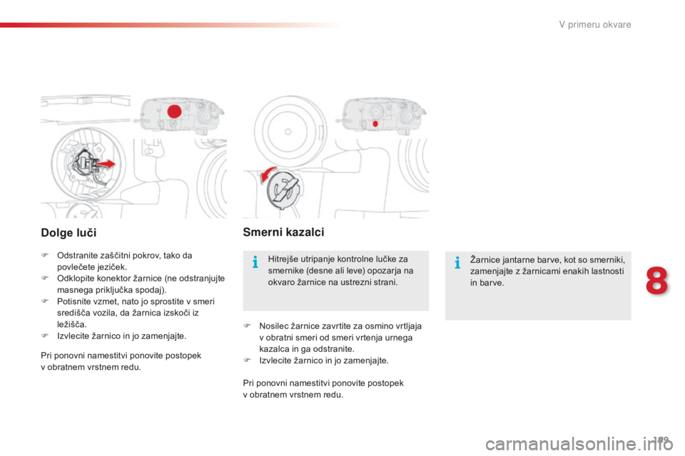 CITROEN C4 CACTUS 2018  Navodila Za Uporabo (in Slovenian) 199
C4-cactus_sl_Chap08_En-cas-de-panne_ed01-2016
Dolge luči
F Odstranite zaščitni pokrov, tako da 
povlečete jeziček.
F
 Od
klopite konektor žarnice (ne odstranjujte 
masnega priključka spoda CITROEN C4 CACTUS 2018  Navodila Za Uporabo (in Slovenian) 199
C4-cactus_sl_Chap08_En-cas-de-panne_ed01-2016
Dolge luči
F Odstranite zaščitni pokrov, tako da 
povlečete jeziček.
F
 Od
klopite konektor žarnice (ne odstranjujte 
masnega priključka spoda