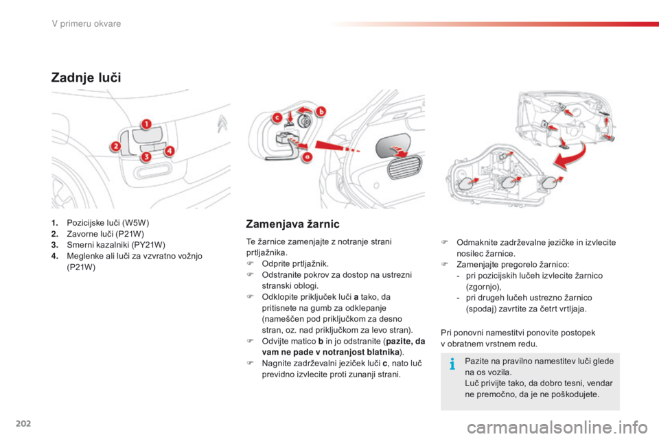 CITROEN C4 CACTUS 2018  Navodila Za Uporabo (in Slovenian) 202
C4-cactus_sl_Chap08_En-cas-de-panne_ed01-2016
1. Pozicijske luči (W5W)
2. Za vorne luči (P21W)
3.
 Sm
erni kazalniki (PY21W)
4.
 Me
glenke ali luči za vzvratno vožnjo 
(P21W )
Zadnje luči
Z CITROEN C4 CACTUS 2018  Navodila Za Uporabo (in Slovenian) 202
C4-cactus_sl_Chap08_En-cas-de-panne_ed01-2016
1. Pozicijske luči (W5W)
2. Za vorne luči (P21W)
3.
 Sm
erni kazalniki (PY21W)
4.
 Me
glenke ali luči za vzvratno vožnjo 
(P21W )
Zadnje luči
Z