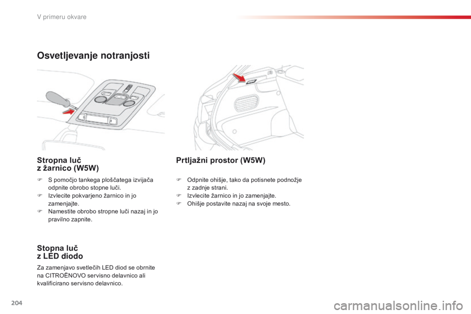 CITROEN C4 CACTUS 2018  Navodila Za Uporabo (in Slovenian) 204
C4-cactus_sl_Chap08_En-cas-de-panne_ed01-2016
F S pomočjo tankega ploščatega izvijača 
odpnite obrobo stopne luči.
F
 Iz
vlecite pokvarjeno žarnico in jo 
zamenjajte.
F
 Na
mestite obrobo  CITROEN C4 CACTUS 2018  Navodila Za Uporabo (in Slovenian) 204
C4-cactus_sl_Chap08_En-cas-de-panne_ed01-2016
F S pomočjo tankega ploščatega izvijača 
odpnite obrobo stopne luči.
F
 Iz
vlecite pokvarjeno žarnico in jo 
zamenjajte.
F
 Na
mestite obrobo