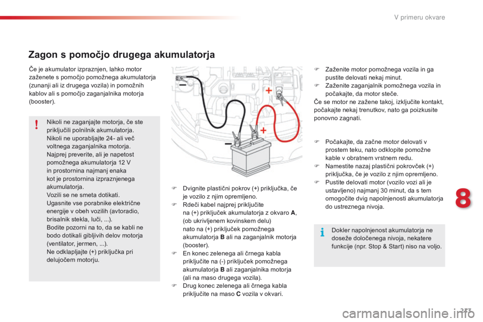 CITROEN C4 CACTUS 2018  Navodila Za Uporabo (in Slovenian) 213
C4-cactus_sl_Chap08_En-cas-de-panne_ed01-2016
Če je akumulator izpraznjen, lahko motor 
zaženete s pomočjo pomožnega akumulatorja 
(zunanji ali iz drugega vozila) in pomožnih 
kablov ali s po CITROEN C4 CACTUS 2018  Navodila Za Uporabo (in Slovenian) 213
C4-cactus_sl_Chap08_En-cas-de-panne_ed01-2016
Če je akumulator izpraznjen, lahko motor 
zaženete s pomočjo pomožnega akumulatorja 
(zunanji ali iz drugega vozila) in pomožnih 
kablov ali s po