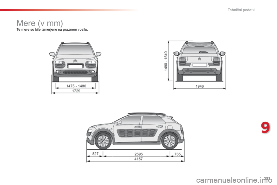 CITROEN C4 CACTUS 2018  Navodila Za Uporabo (in Slovenian) 223
C4-cactus_sl_Chap09_caracteristiques-techniques_ed01-2016
Mere (v mm)Te mere so bile izmerjene na praznem vozilu.
9 
Tehnični podatki   CITROEN C4 CACTUS 2018  Navodila Za Uporabo (in Slovenian) 223
C4-cactus_sl_Chap09_caracteristiques-techniques_ed01-2016
Mere (v mm)Te mere so bile izmerjene na praznem vozilu.
9 
Tehnični podatki