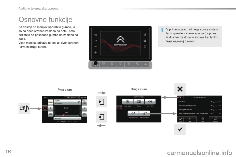 CITROEN C4 CACTUS 2018  Navodila Za Uporabo (in Slovenian) 230
C4-cactus_sl_Chap10b_SMEGplus_ed01-2016
Osnovne funkcije
Za dostop do menijev uporabite gumbe, ki 
so na obeh straneh zaslona na dotik, nato 
pritisnite na prikazane gumbe na zaslonu na 
dotik.
Vs