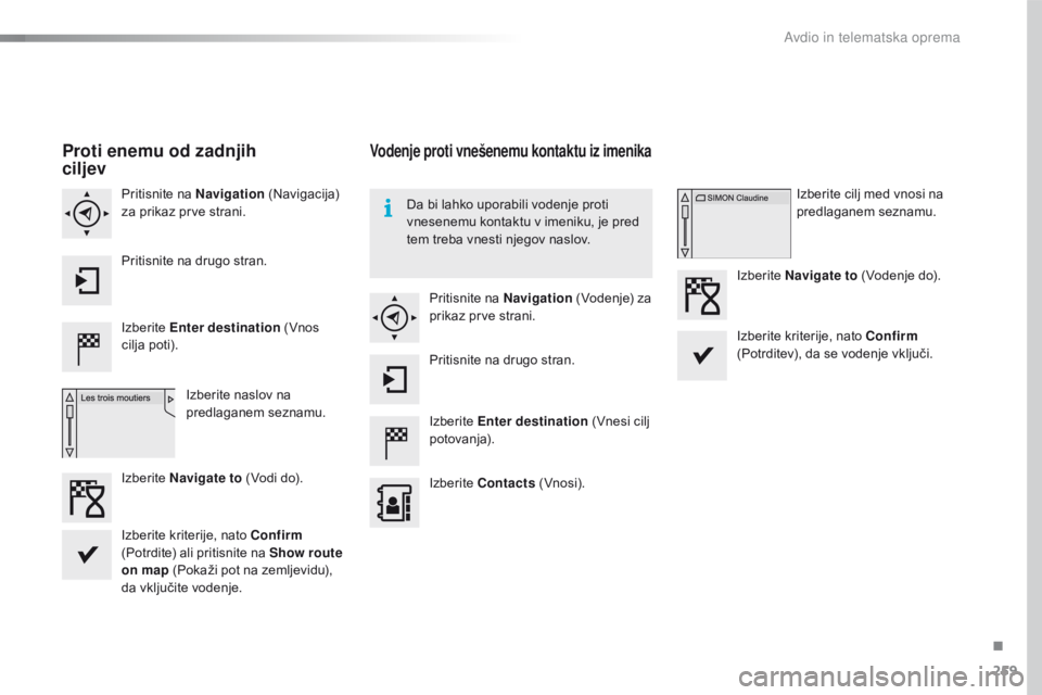 CITROEN C4 CACTUS 2018  Navodila Za Uporabo (in Slovenian) 259
C4-cactus_sl_Chap10b_SMEGplus_ed01-2016
Proti enemu od zadnjih  
ciljev
Izberite Enter destination  (Vnos 
cilja poti).
Izberite naslov na 
predlaganem seznamu.
Pritisnite na 
Navigation (Navigaci CITROEN C4 CACTUS 2018  Navodila Za Uporabo (in Slovenian) 259
C4-cactus_sl_Chap10b_SMEGplus_ed01-2016
Proti enemu od zadnjih  
ciljev
Izberite Enter destination  (Vnos 
cilja poti).
Izberite naslov na 
predlaganem seznamu.
Pritisnite na 
Navigation (Navigaci