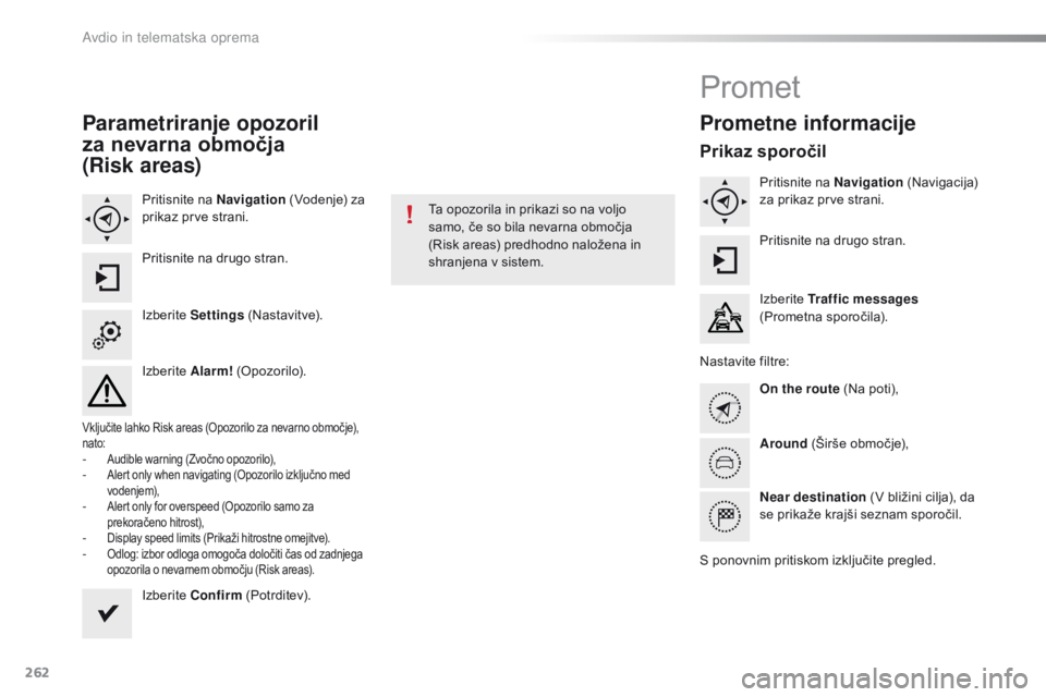 CITROEN C4 CACTUS 2018  Navodila Za Uporabo (in Slovenian) 262
C4-cactus_sl_Chap10b_SMEGplus_ed01-2016
Parametriranje opozoril  
za nevarna območja   
(Risk areas)
Pritisnite na  Navigation (Vodenje) za 
prikaz prve strani.
Pritisnite na drugo stran.
Izberit CITROEN C4 CACTUS 2018  Navodila Za Uporabo (in Slovenian) 262
C4-cactus_sl_Chap10b_SMEGplus_ed01-2016
Parametriranje opozoril  
za nevarna območja   
(Risk areas)
Pritisnite na  Navigation (Vodenje) za 
prikaz prve strani.
Pritisnite na drugo stran.
Izberit