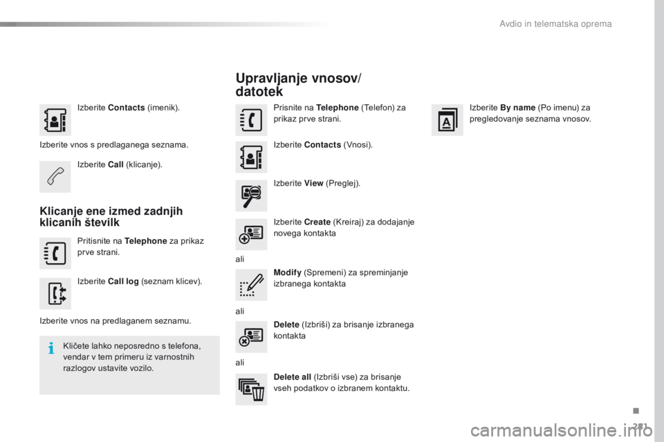 CITROEN C4 CACTUS 2018  Navodila Za Uporabo (in Slovenian) 281
C4-cactus_sl_Chap10b_SMEGplus_ed01-2016
Izberite Contacts  (imenik).
Izberite vnos s predlaganega seznama. Izberite Call (klicanje).
Klicanje ene izmed zadnjih 
klicanih številk
Pritisnite na  Te CITROEN C4 CACTUS 2018  Navodila Za Uporabo (in Slovenian) 281
C4-cactus_sl_Chap10b_SMEGplus_ed01-2016
Izberite Contacts  (imenik).
Izberite vnos s predlaganega seznama. Izberite Call (klicanje).
Klicanje ene izmed zadnjih 
klicanih številk
Pritisnite na  Te