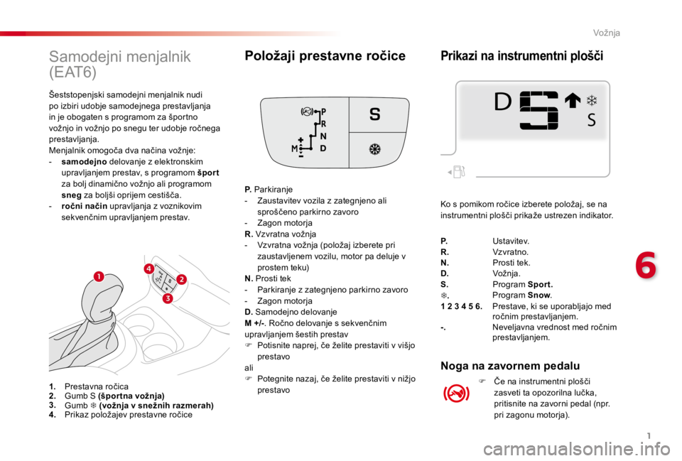 CITROEN C4 CACTUS 2018  Navodila Za Uporabo (in Slovenian) 1
6
Vožnja
Samodejni menjalnik 
( E AT 6)
 Šeststopenjski samodejni menjalnik nudi 
po izbiri udobje samodejnega prestavljanja 
in je obogaten s programom za športno 
vožnjo in vožnjo po snegu te