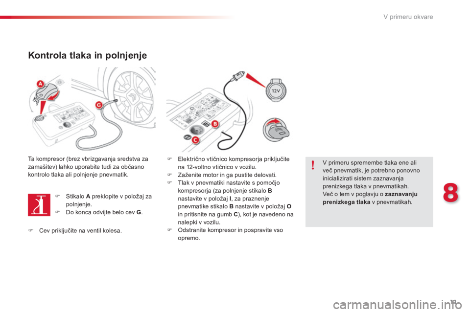 CITROEN C4 CACTUS 2018  Navodila Za Uporabo (in Slovenian) 11
8
V primeru okvare
  Kontrola tlaka in polnjenje 
  Ta kompresor (brez vbrizgavanja sredstva za zamašitev) lahko uporabite tudi za občasno kontrolo tlaka ali polnjenje pnevmatik.  
   Stikalo  CITROEN C4 CACTUS 2018  Navodila Za Uporabo (in Slovenian) 11
8
V primeru okvare
  Kontrola tlaka in polnjenje 
  Ta kompresor (brez vbrizgavanja sredstva za zamašitev) lahko uporabite tudi za občasno kontrolo tlaka ali polnjenje pnevmatik.  
   Stikalo