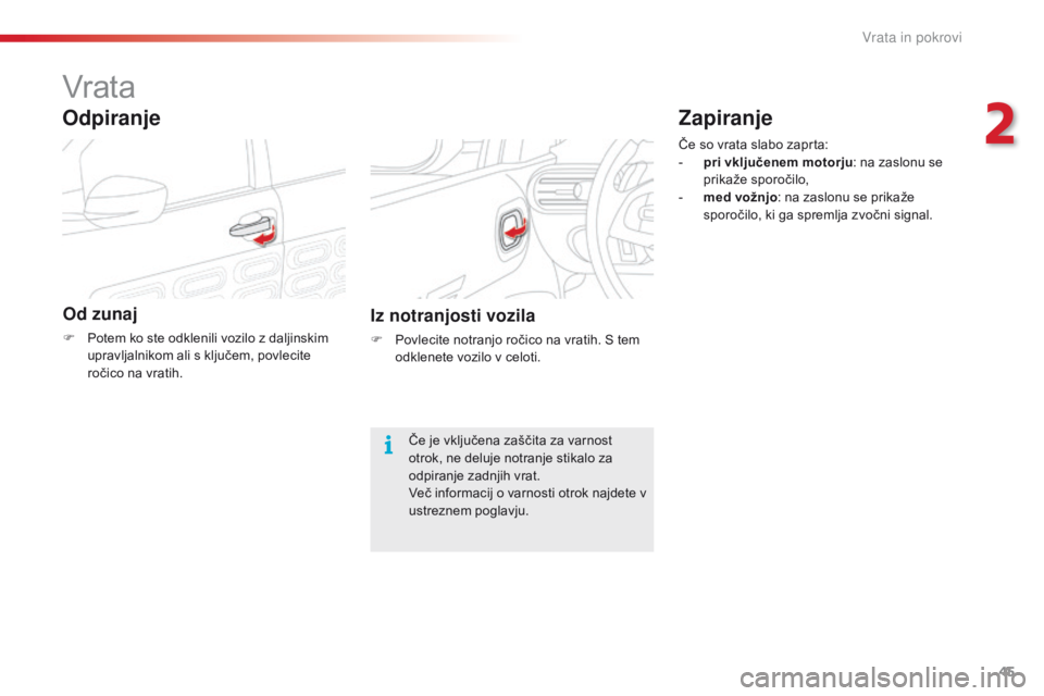 CITROEN C4 CACTUS 2018  Navodila Za Uporabo (in Slovenian) 45
C4-cactus_sl_Chap02_ouvertures_ed01-2016
Vrata
Od zunaj
F Potem ko ste odklenili vozilo z daljinskim 
upravljalnikom ali s ključem, povlecite 
ročico na vratih.
Odpiranje
Iz notranjosti vozila
F  CITROEN C4 CACTUS 2018  Navodila Za Uporabo (in Slovenian) 45
C4-cactus_sl_Chap02_ouvertures_ed01-2016
Vrata
Od zunaj
F Potem ko ste odklenili vozilo z daljinskim 
upravljalnikom ali s ključem, povlecite 
ročico na vratih.
Odpiranje
Iz notranjosti vozila
F