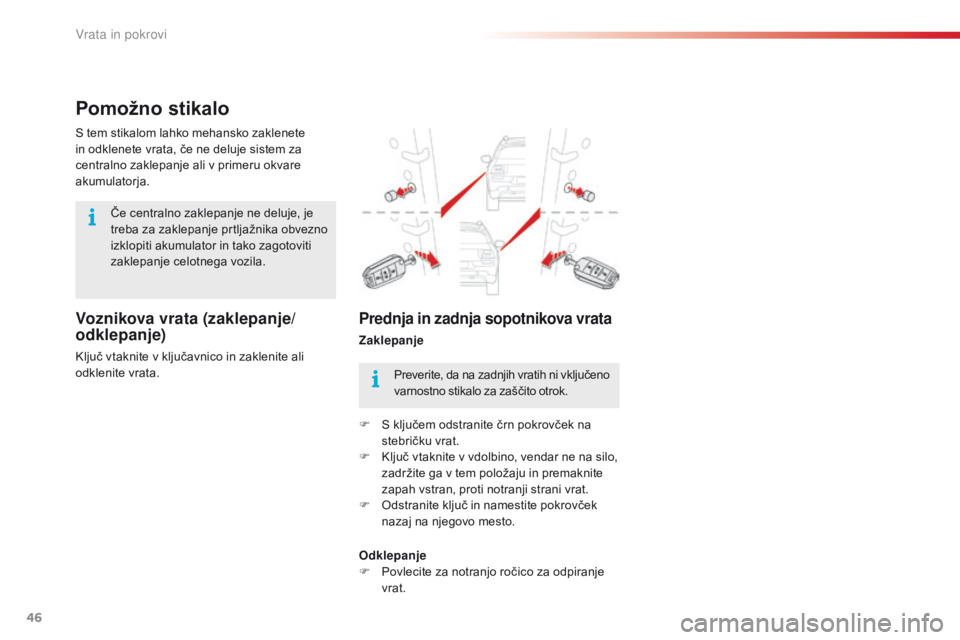 CITROEN C4 CACTUS 2018  Navodila Za Uporabo (in Slovenian) 46
C4-cactus_sl_Chap02_ouvertures_ed01-2016
Pomožno stikalo
Voznikova vrata (zaklepanje/
odklepanje)
Ključ vtaknite v ključavnico in zaklenite ali 
odklenite vrata. S tem stikalom lahko mehansko za CITROEN C4 CACTUS 2018  Navodila Za Uporabo (in Slovenian) 46
C4-cactus_sl_Chap02_ouvertures_ed01-2016
Pomožno stikalo
Voznikova vrata (zaklepanje/
odklepanje)
Ključ vtaknite v ključavnico in zaklenite ali 
odklenite vrata. S tem stikalom lahko mehansko za