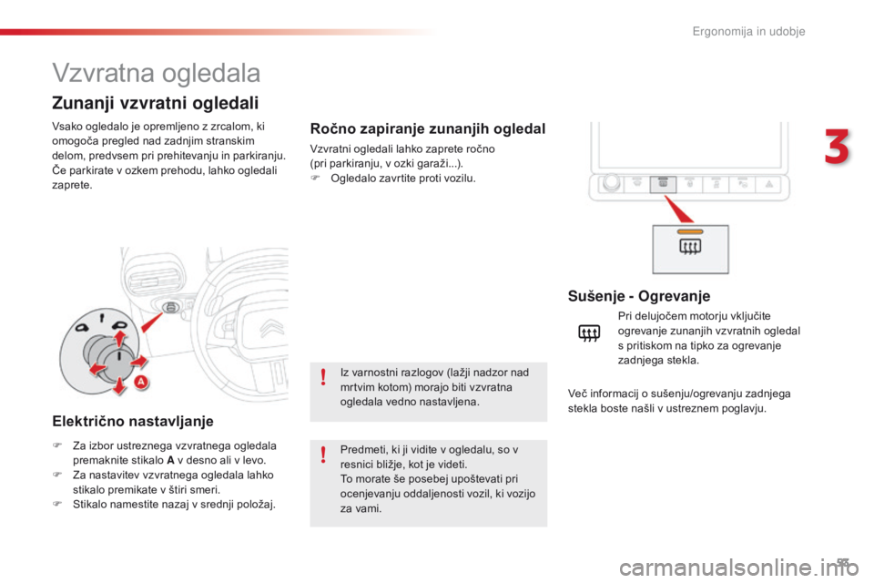 CITROEN C4 CACTUS 2018  Navodila Za Uporabo (in Slovenian) 53
C4-cactus_sl_Chap03_Ergonomie-et-confort_ed01-2016
Vzvratna ogledala
Vsako ogledalo je opremljeno z zrcalom, ki 
omogoča pregled nad zadnjim stranskim 
delom, predvsem pri prehitevanju in parkiran CITROEN C4 CACTUS 2018  Navodila Za Uporabo (in Slovenian) 53
C4-cactus_sl_Chap03_Ergonomie-et-confort_ed01-2016
Vzvratna ogledala
Vsako ogledalo je opremljeno z zrcalom, ki 
omogoča pregled nad zadnjim stranskim 
delom, predvsem pri prehitevanju in parkiran