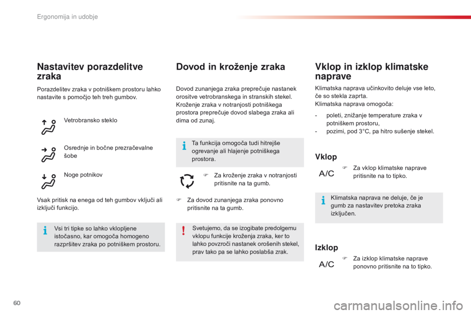 CITROEN C4 CACTUS 2018 Navodila Za Uporabo (in Slovenian) 60
C4-cactus_sl_Chap03_Ergonomie-et-confort_ed01-2016
Dovod in kroženje zraka
Dovod zunanjega zraka preprečuje nastanek
orositve vetrobranskega in stranskih stekel.
Kroženje zraka v notranjosti po CITROEN C4 CACTUS 2018 Navodila Za Uporabo (in Slovenian) 60
C4-cactus_sl_Chap03_Ergonomie-et-confort_ed01-2016
Dovod in kroženje zraka
Dovod zunanjega zraka preprečuje nastanek
orositve vetrobranskega in stranskih stekel.
Kroženje zraka v notranjosti po