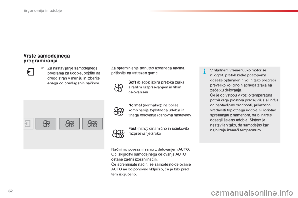 CITROEN C4 CACTUS 2018 Navodila Za Uporabo (in Slovenian) 62
C4-cactus_sl_Chap03_Ergonomie-et-confort_ed01-2016
V hladnem vremenu, ko motor še
ni ogret, pretok zraka postopoma
doseže optimalen nivo in tako prepreči
preveliko količino hladnega zraka na CITROEN C4 CACTUS 2018 Navodila Za Uporabo (in Slovenian) 62
C4-cactus_sl_Chap03_Ergonomie-et-confort_ed01-2016
V hladnem vremenu, ko motor še
ni ogret, pretok zraka postopoma
doseže optimalen nivo in tako prepreči
preveliko količino hladnega zraka na