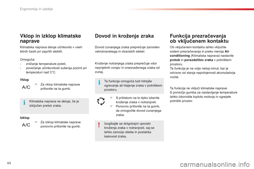 CITROEN C4 CACTUS 2018  Navodila Za Uporabo (in Slovenian) 64
C4-cactus_sl_Chap03_Ergonomie-et-confort_ed01-2016
Izogibajte se dolgotrajni uporabi 
kroženja zraka v notranjosti, saj se 
lahko zarosijo stekla in poslabša 
kakovost zraka.
Omogoča:
-
 zn

iž