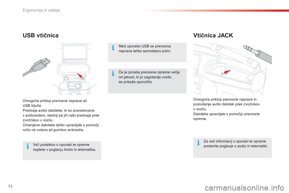 CITROEN C4 CACTUS 2018 Navodila Za Uporabo (in Slovenian) 72
C4-cactus_sl_Chap03_Ergonomie-et-confort_ed01-2016
Vtičnica JACK
USB vtičnica
Med uporabo USB se prenosna
naprava lahko samodejno polni.
Za več informacij o uporabi te opreme
preberite poglavj CITROEN C4 CACTUS 2018 Navodila Za Uporabo (in Slovenian) 72
C4-cactus_sl_Chap03_Ergonomie-et-confort_ed01-2016
Vtičnica JACK
USB vtičnica
Med uporabo USB se prenosna
naprava lahko samodejno polni.
Za več informacij o uporabi te opreme
preberite poglavj