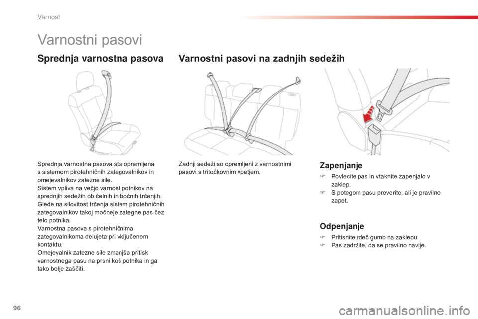 CITROEN C4 CACTUS 2018  Navodila Za Uporabo (in Slovenian) 96
C4-cactus_sl_Chap05_securite_ed01-2016
Varnostni pasovi
Sprednja varnostna pasova
Sprednja varnostna pasova sta opremljena 
s sistemom pirotehničnih zategovalnikov in 
omejevalnikov zatezne sile.
