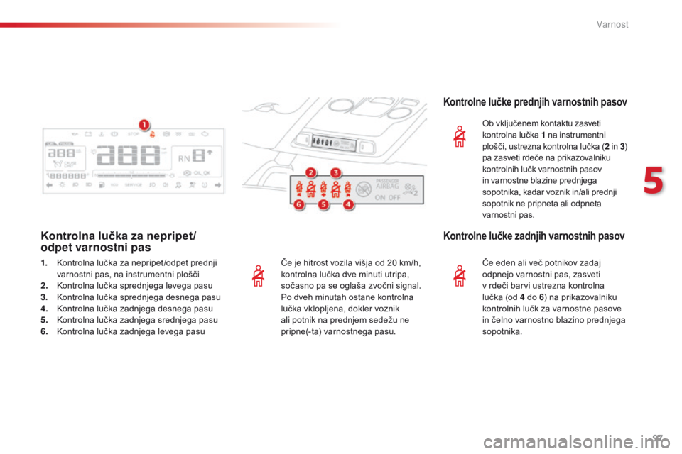 CITROEN C4 CACTUS 2018  Navodila Za Uporabo (in Slovenian) 97
C4-cactus_sl_Chap05_securite_ed01-2016
Če je hitrost vozila višja od 20 km/h, 
ko ntrolna lučka dve minuti utripa, 
sočasno pa se oglaša zvočni signal. 
Po dveh minutah ostane kontrolna 
luč