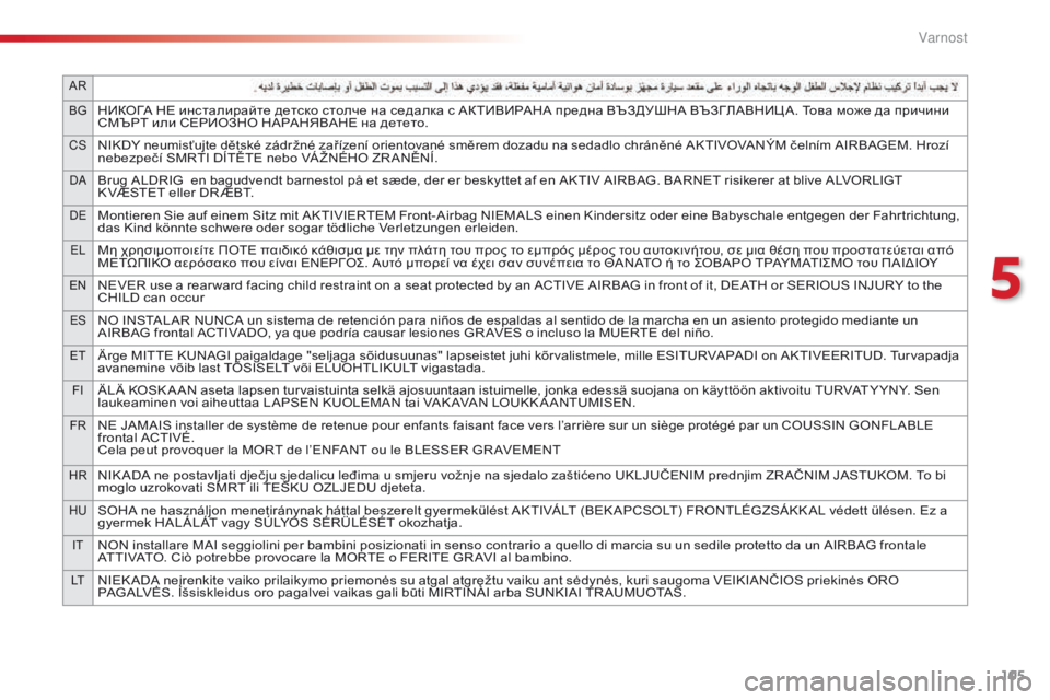 CITROEN C4 CACTUS 2016 Navodila Za Uporabo (in Slovenian) 105
AR
BG
НИКОГА НЕ инсталирайте детско столче на седалка с АКТИВИРАНА предна ВЪЗДУШНА ВЪЗГЛАВНИЦ А. Това може да CITROEN C4 CACTUS 2016 Navodila Za Uporabo (in Slovenian) 105
AR
BG
НИКОГА НЕ инсталирайте детско столче на седалка с АКТИВИРАНА предна ВЪЗДУШНА ВЪЗГЛАВНИЦ А. Това може да