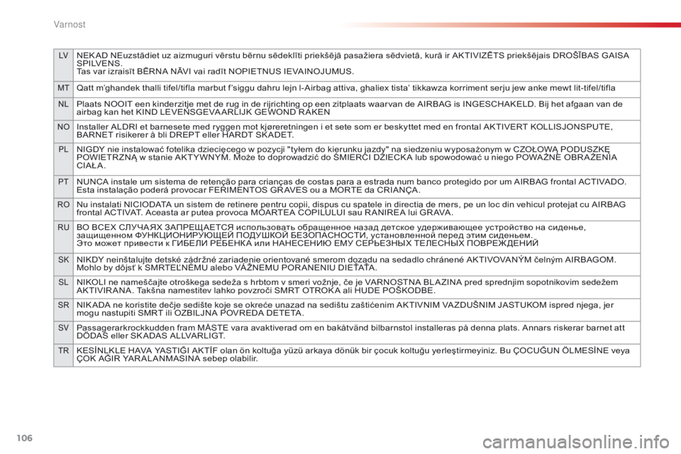 CITROEN C4 CACTUS 2016 Navodila Za Uporabo (in Slovenian) 106
LVNEK AD NEuzstādiet uz aizmuguri vērstu bērnu sēdeklīti priekšējā pasažiera sēdvietā, kurā ir AKTIVIZĒTS priekšējais DROŠĪBAS GAISA
S P I LV E N S .
Tas var izraisīt BĒRNA NĀ CITROEN C4 CACTUS 2016 Navodila Za Uporabo (in Slovenian) 106
LVNEK AD NEuzstādiet uz aizmuguri vērstu bērnu sēdeklīti priekšējā pasažiera sēdvietā, kurā ir AKTIVIZĒTS priekšējais DROŠĪBAS GAISA
S P I LV E N S .
Tas var izraisīt BĒRNA NĀ