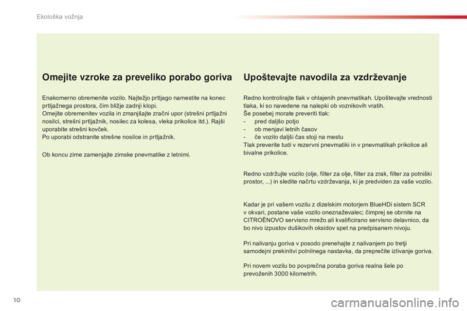 CITROEN C4 CACTUS 2016  Navodila Za Uporabo (in Slovenian) 10
C4-cactus_sl_Chap00c_eco-conduite_ed01-2015
Omejite vzroke za preveliko porabo goriva
Enakomerno obremenite vozilo. Najtežjo prtljago namestite na konec 
prtljažnega prostora, čim bližje zadnji