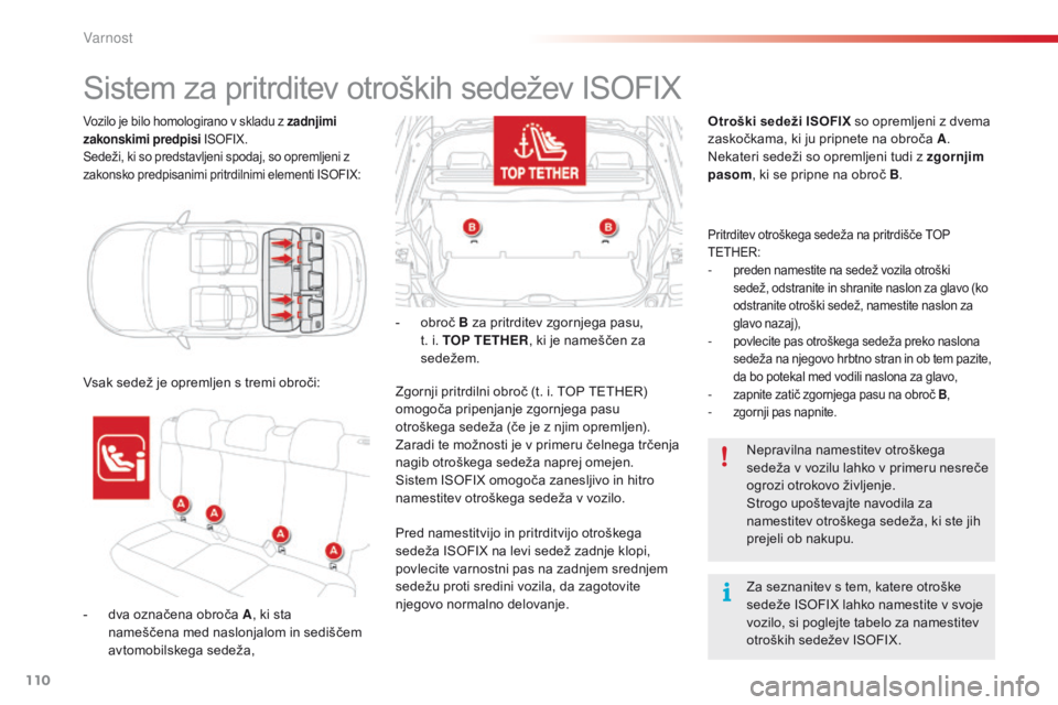 CITROEN C4 CACTUS 2016  Navodila Za Uporabo (in Slovenian) 110
C4-cactus_sl_Chap05_securite_ed01-2015
Vozilo je bilo homologirano v skladu z zadnjimi 
zakonskimi predpisi ISOFIX.
Sedeži, ki so predstavljeni spodaj, so opremljeni z 
zakonsko predpisanimi prit