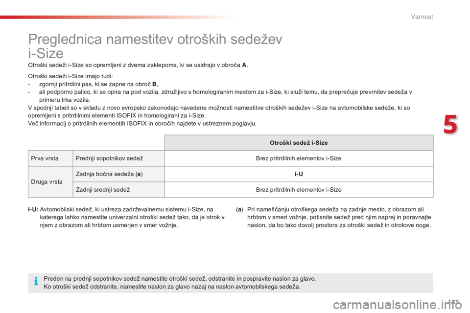 CITROEN C4 CACTUS 2016  Navodila Za Uporabo (in Slovenian) 113
C4-cactus_sl_Chap05_securite_ed01-2015
Preglednica namestitev otroških sedežev  
i-Size
Otroški sedeži i-Size so opremljeni z dvema zaklepoma, ki se usidrajo v obroča A.
i- U:  
 
A
 vtomobil