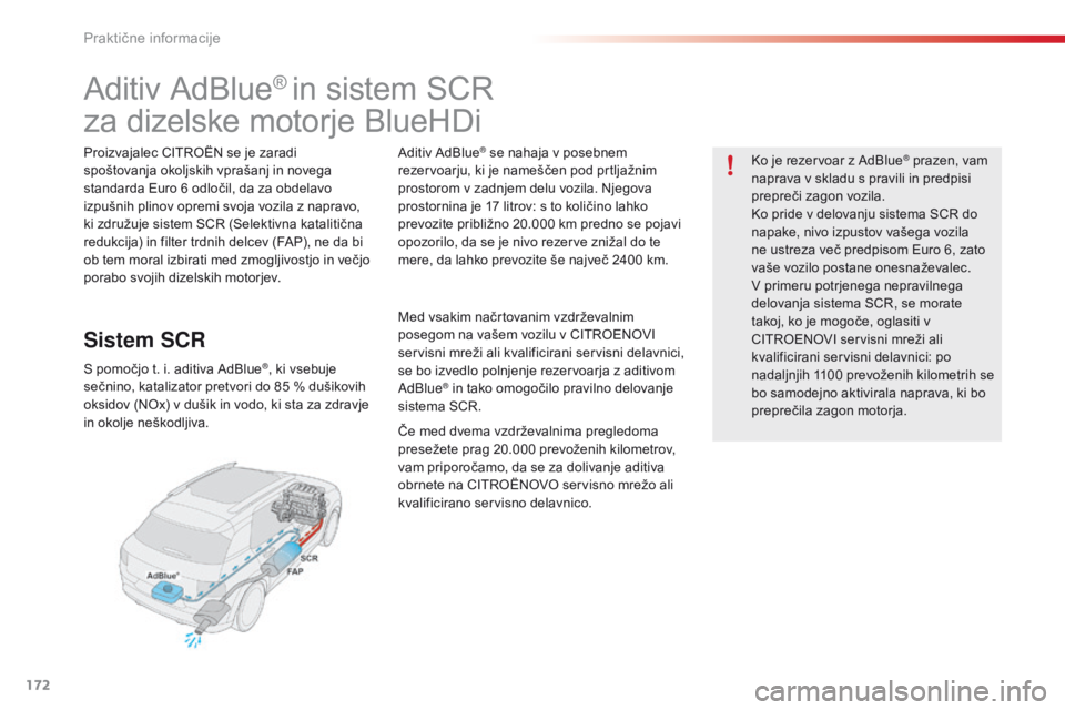 CITROEN C4 CACTUS 2016  Navodila Za Uporabo (in Slovenian) 172
C4-cactus_sl_Chap07_info-pratiques_ed01-2015
Aditiv AdBlue® in sistem SCR
za dizelske motorje BlueHDi
Proizvajalec CITROËN se je zaradi 
spoštovanja okoljskih vprašanj in novega 
standarda Eur