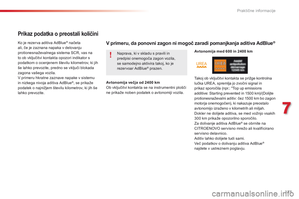 CITROEN C4 CACTUS 2016  Navodila Za Uporabo (in Slovenian) 173
C4-cactus_sl_Chap07_info-pratiques_ed01-2015
Prikaz podatka o preostali količini
Ko je rezerva aditiva AdBlue® načeta 
ali, če je zaznana napaka v delovanju 
protionesnaževalnega sistema SCR,
