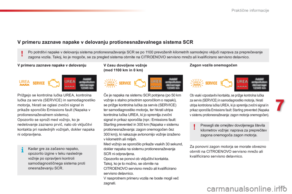 CITROEN C4 CACTUS 2016  Navodila Za Uporabo (in Slovenian) 175
C4-cactus_sl_Chap07_info-pratiques_ed01-2015
V primeru zaznave napake v delovanju protionesnaževalnega sistema SCR
V primeru zaznave napake v delovanjuV času dovoljene vožnje  
(med 1100
  km i