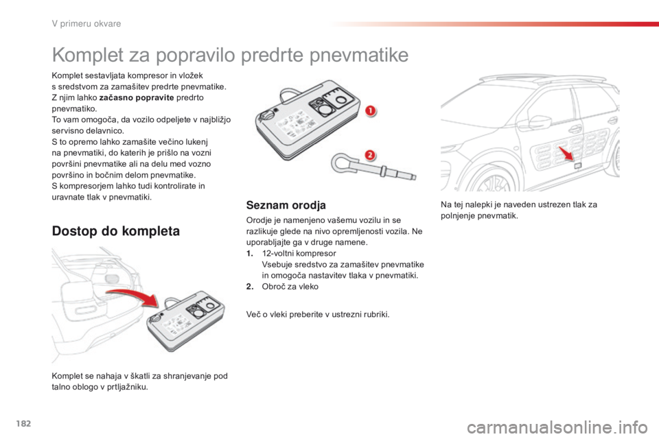 CITROEN C4 CACTUS 2016 Navodila Za Uporabo (in Slovenian) 182
C4-cactus_sl_Chap08_En-cas-de-panne_ed01-2015
Na tej nalepki je naveden ustrezen tlak za
polnjenje pnevmatik.
Komplet se nahaja v škatli za shranjevanje pod
talno oblogo v prtljažniku. Komplet CITROEN C4 CACTUS 2016 Navodila Za Uporabo (in Slovenian) 182
C4-cactus_sl_Chap08_En-cas-de-panne_ed01-2015
Na tej nalepki je naveden ustrezen tlak za
polnjenje pnevmatik.
Komplet se nahaja v škatli za shranjevanje pod
talno oblogo v prtljažniku. Komplet
