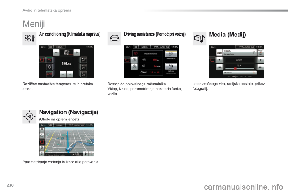 CITROEN C4 CACTUS 2016  Navodila Za Uporabo (in Slovenian) 230
C4-cactus_sl_Chap10b_SMEGplus_ed01-2015
Meniji
Media (Medij)Air conditioning (Klimatska naprava)Driving assistance (Pomoč pri vožnji)
Navigation (Navigacija)
Izbor zvočnega vira, radijske posta