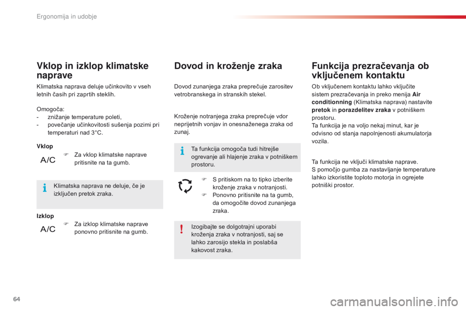 CITROEN C4 CACTUS 2016  Navodila Za Uporabo (in Slovenian) 64
C4-cactus_sl_Chap03_Ergonomie-et-confort_ed01-2015
Izogibajte se dolgotrajni uporabi 
kroženja zraka v notranjosti, saj se 
lahko zarosijo stekla in poslabša 
kakovost zraka.
Omogoča:
-
 
z

ni�