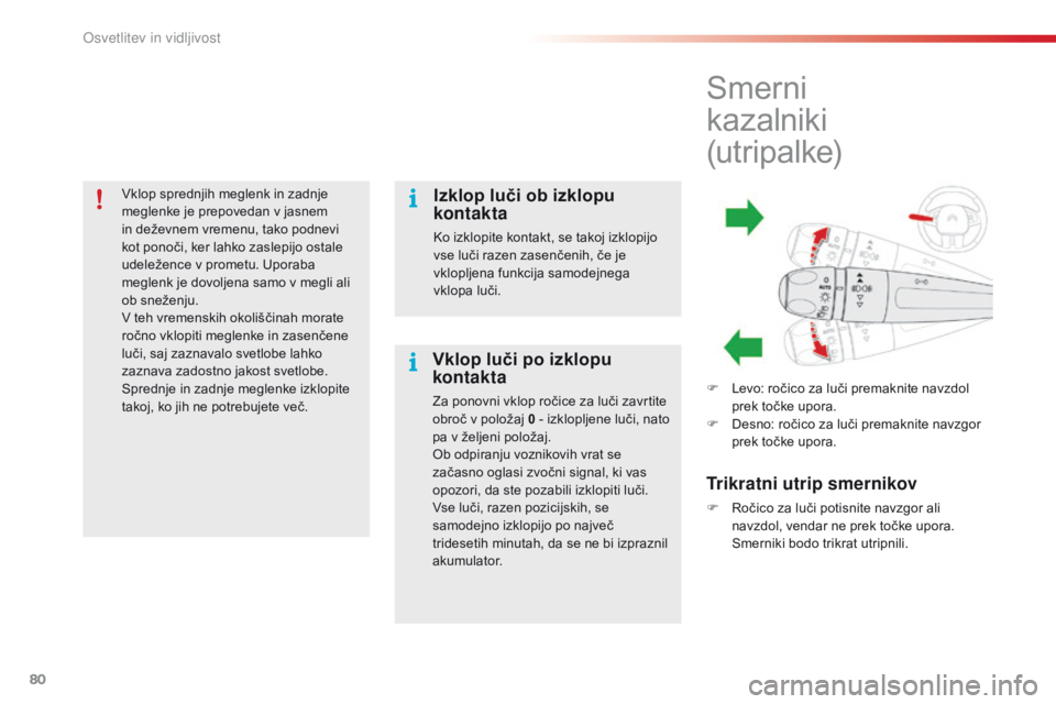 CITROEN C4 CACTUS 2016  Navodila Za Uporabo (in Slovenian) 80
C4-cactus_sl_Chap04_Eclairage-et-visibilite_ed01-2015
Vklop sprednjih meglenk in zadnje 
meglenke je prepovedan v jasnem 
in deževnem vremenu, tako podnevi 
kot ponoči, ker lahko zaslepijo ostale