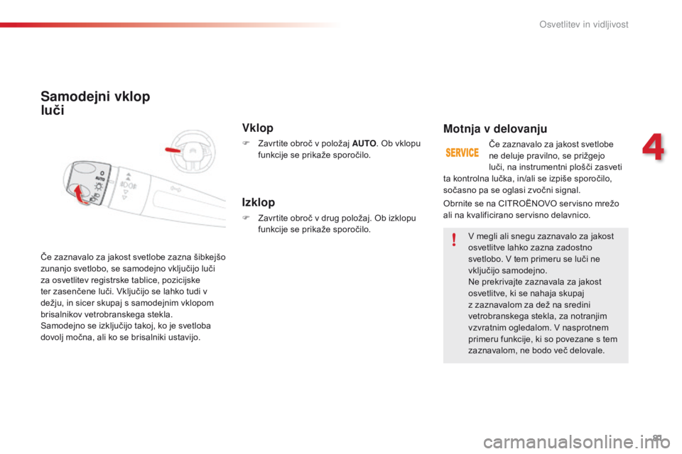 CITROEN C4 CACTUS 2016  Navodila Za Uporabo (in Slovenian) 81
C4-cactus_sl_Chap04_Eclairage-et-visibilite_ed01-2015
Samodejni vklop  
luči
Vklop
F Zavrtite obroč v položaj AUTO. Ob vklopu 
funkcije se prikaže sporočilo.
Če zaznavalo za jakost svetlobe z