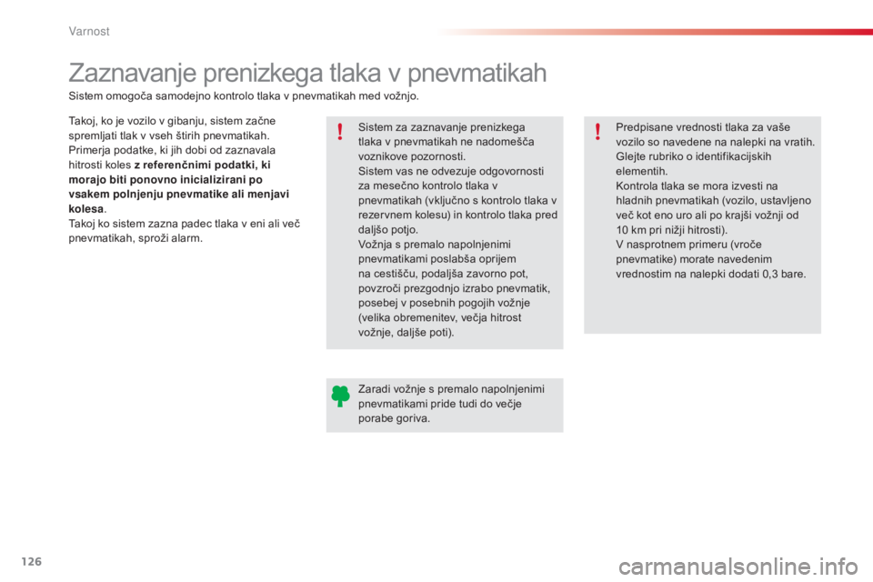 CITROEN C4 CACTUS 2015  Navodila Za Uporabo (in Slovenian) 126
C4-cactus_sl_Chap07_securite_ed02-2014
Zaznavanje prenizkega tlaka v pnevmatikah
Takoj, ko je vozilo v gibanju, sistem začne 
spremljati tlak v vseh štirih pnevmatikah.
Primerja podatke, ki jih 