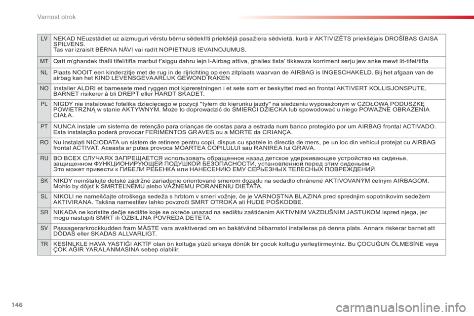 CITROEN C4 CACTUS 2015  Navodila Za Uporabo (in Slovenian) 146
lvNEK AD NEuzstādiet uz aizmuguri vērstu bērnu sēdeklīti priekšējā pasažiera sēdvietā, kurā ir AKTIVIZĒTS priekšējais DROŠĪBAS GAISA 
S P I LV E N S .
Tas var izraisīt BĒRNA NĀ