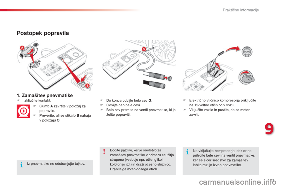 CITROEN C4 CACTUS 2015 Navodila Za Uporabo (in Slovenian) 171
C4-cactus_sl_Chap09_info-pratiques_ed02-2014
1. Zamašitev pnevmatike
Postopek popravila
Iz pnevmatike ne odstranjujte tujkov.F
D
o konca odvijte belo cev G
.
F
O
dvijte čep bele cevi.
F
CITROEN C4 CACTUS 2015 Navodila Za Uporabo (in Slovenian) 171
C4-cactus_sl_Chap09_info-pratiques_ed02-2014
1. Zamašitev pnevmatike
Postopek popravila
Iz pnevmatike ne odstranjujte tujkov.F
D
o konca odvijte belo cev G
.
F
O
dvijte čep bele cevi.
F