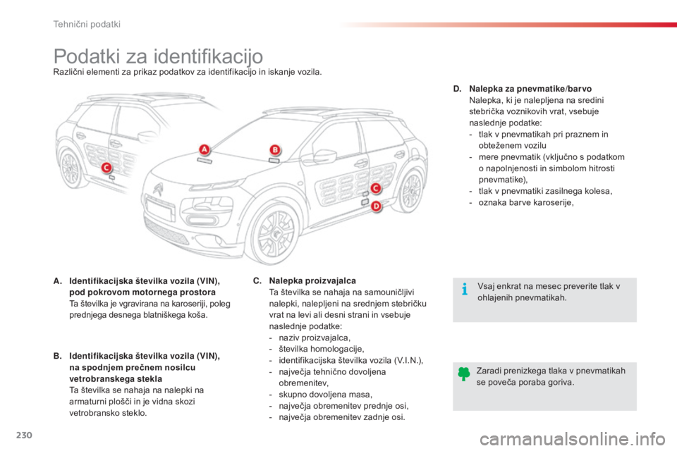 CITROEN C4 CACTUS 2015 Navodila Za Uporabo (in Slovenian) 230
C4-cactus_sl_Chap11_caracteristiques-techniques_ed02-2014
Podatki za identifikacijoRazlični elementi za prikaz podatkov za identifikacijo in iskanje vozila.
A.
I
dentifikacijska številka vozila CITROEN C4 CACTUS 2015 Navodila Za Uporabo (in Slovenian) 230
C4-cactus_sl_Chap11_caracteristiques-techniques_ed02-2014
Podatki za identifikacijoRazlični elementi za prikaz podatkov za identifikacijo in iskanje vozila.
A.
I
dentifikacijska številka vozila