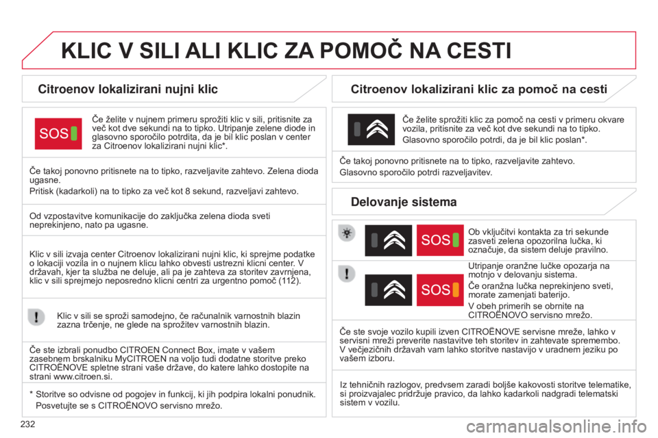 CITROEN C4 CACTUS 2015 Navodila Za Uporabo (in Slovenian) 232
C4-Cactus_sl_Chap12a_BTA_ed02-2014
KLIC V SILI ALI KLIC ZA POMOČ NA CESTI
Citroenov lokalizirani nujni klic
Če želite v nujnem primeru sprožiti klic v sili, pritisnite za
več kot dve CITROEN C4 CACTUS 2015 Navodila Za Uporabo (in Slovenian) 232
C4-Cactus_sl_Chap12a_BTA_ed02-2014
KLIC V SILI ALI KLIC ZA POMOČ NA CESTI
Citroenov lokalizirani nujni klic
Če želite v nujnem primeru sprožiti klic v sili, pritisnite za
več kot dve