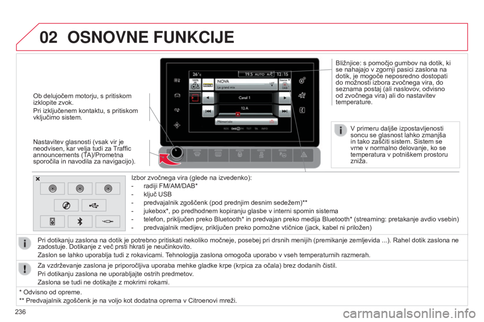 CITROEN C4 CACTUS 2015  Navodila Za Uporabo (in Slovenian) 02
236Izbor zvočnega vira (glede na izvedenko):
-
 
radiji FM/AM/DAB*
-
  
ključ USB
-
  
predvajalnik zgoščenk (pod prednjim desnim sedežem)**
-
  
jukebox*, po predhodnem kopiranju glasbe v int