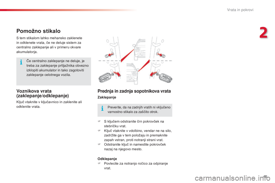 CITROEN C4 CACTUS 2015  Navodila Za Uporabo (in Slovenian) 45
C4-cactus_sl_Chap02_ouvertures_ed02-2014
Pomožno stikalo
Voznikova vrata  
(zaklepanje/odklepanje)
Ključ vtaknite v ključavnico in zaklenite ali 
odklenite vrata. S tem stikalom lahko mehansko z