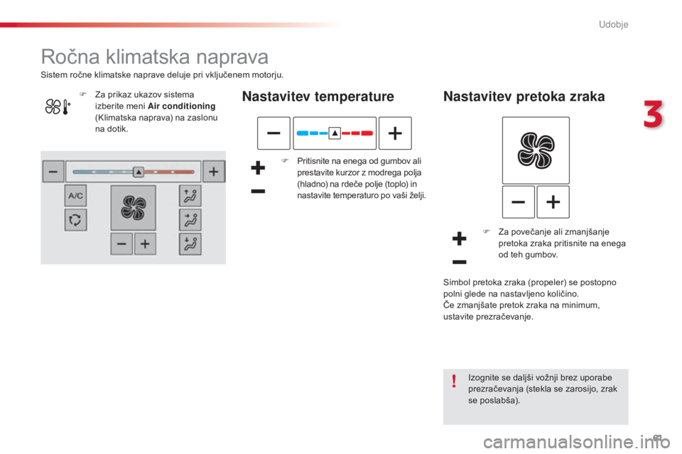 CITROEN C4 CACTUS 2015  Navodila Za Uporabo (in Slovenian) 61
C4-cactus_sl_Chap03_confort_ed02-2014
Ročna klimatska naprava
Nastavitev temperature
F Pritisnite na enega od gumbov ali prestavite kurzor z modrega polja 
(hladno) na rdeče polje (toplo) in 
nas