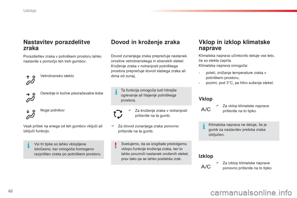 CITROEN C4 CACTUS 2015  Navodila Za Uporabo (in Slovenian) 62
C4-cactus_sl_Chap03_confort_ed02-2014
Dovod in kroženje zraka
Dovod zunanjega zraka preprečuje nastanek 
orositve vetrobranskega in stranskih stekel.
Kroženje zraka v notranjosti potniškega 
pr