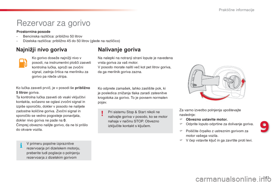 CITROEN C4 CACTUS 2014  Navodila Za Uporabo (in Slovenian) 161
E3_sl_Chap09_info_pratiques_ed01-2014
Rezervoar za gorivo
Prostornina posode
- B encinska različica: približno 50   litrov
-
 
D
 izelska različica: približno 45   do 50   litrov (glede na raz