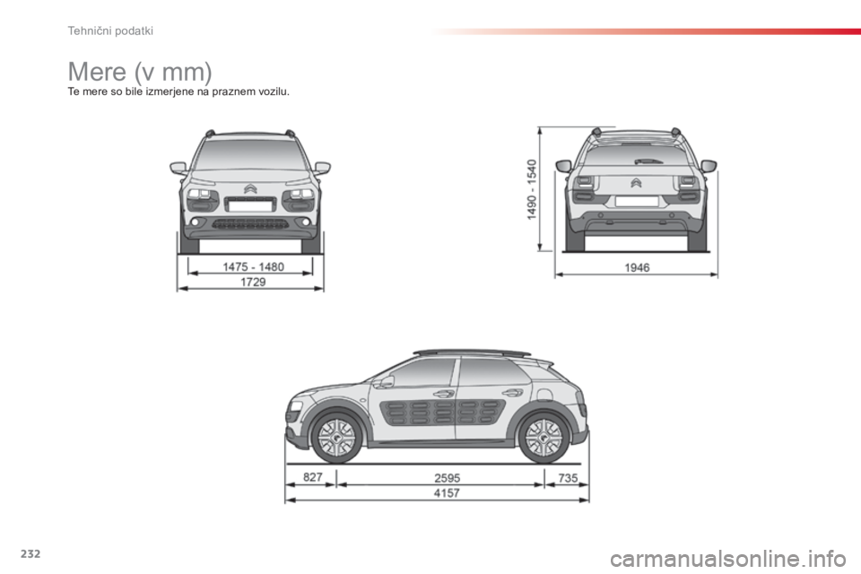 CITROEN C4 CACTUS 2014 Navodila Za Uporabo (in Slovenian) 232
E3_sl_Chap11_caracteristiques_techniques_ed01-2014
Mere (v mm)Te mere so bile izmerjene na praznem vozilu.
Tehnični podatki CITROEN C4 CACTUS 2014 Navodila Za Uporabo (in Slovenian) 232
E3_sl_Chap11_caracteristiques_techniques_ed01-2014
Mere (v mm)Te mere so bile izmerjene na praznem vozilu.
Tehnični podatki