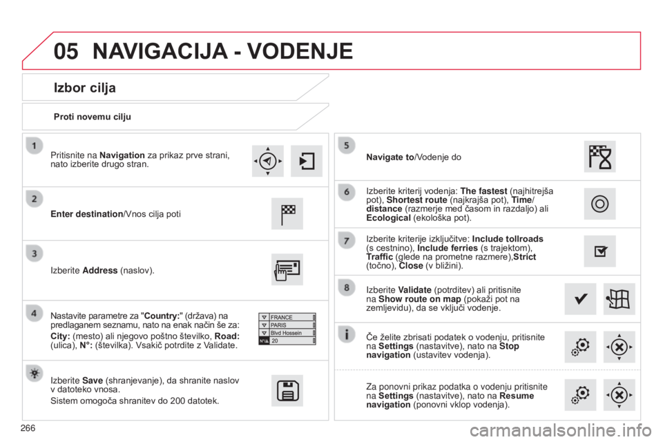 CITROEN C4 CACTUS 2014 Navodila Za Uporabo (in Slovenian) 05
266
E3_sl_Chap12b_SMEGplus_ed01-2014
Proti novemu cilju
Izbor cilja
Enter destination/Vnos cilja poti
Izberite Save (shranjevanje), da shranite naslov
v datoteko vnosa.
Sistem omogoča shranitev d CITROEN C4 CACTUS 2014 Navodila Za Uporabo (in Slovenian) 05
266
E3_sl_Chap12b_SMEGplus_ed01-2014
Proti novemu cilju
Izbor cilja
Enter destination/Vnos cilja poti
Izberite Save (shranjevanje), da shranite naslov
v datoteko vnosa.
Sistem omogoča shranitev d