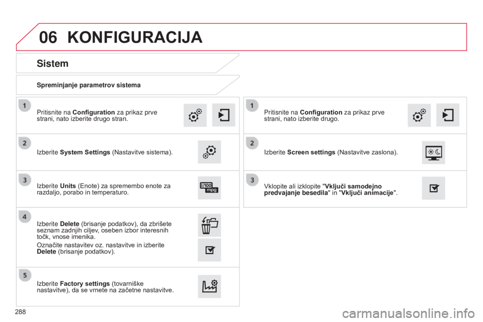 CITROEN C4 CACTUS 2014  Navodila Za Uporabo (in Slovenian) 06
E3_sl_Chap12b_SMEGplus_ed01-2014
Spreminjanje parametrov sistema
Sistem
Izberite System Settings (Nastavitve sistema). Pritisnite na Configuration za prikaz prve 
strani, nato izberite drugo stran.