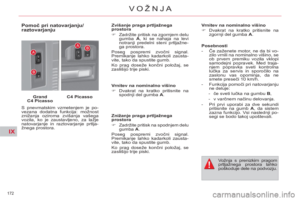 CITROEN C4 PICASSO 2013  Navodila Za Uporabo (in Slovenian) IX
172 
VOŽNJA
   
Pomoč pri natovarjanju/
raztovarjanju 
   
Grand 
C4 Picasso 
    
C4 Picasso 
 
  S pnevmatskim vzmetenjem je po-
vezana dodatna funkcija: možnost 
znižanja oziroma zvišanja v